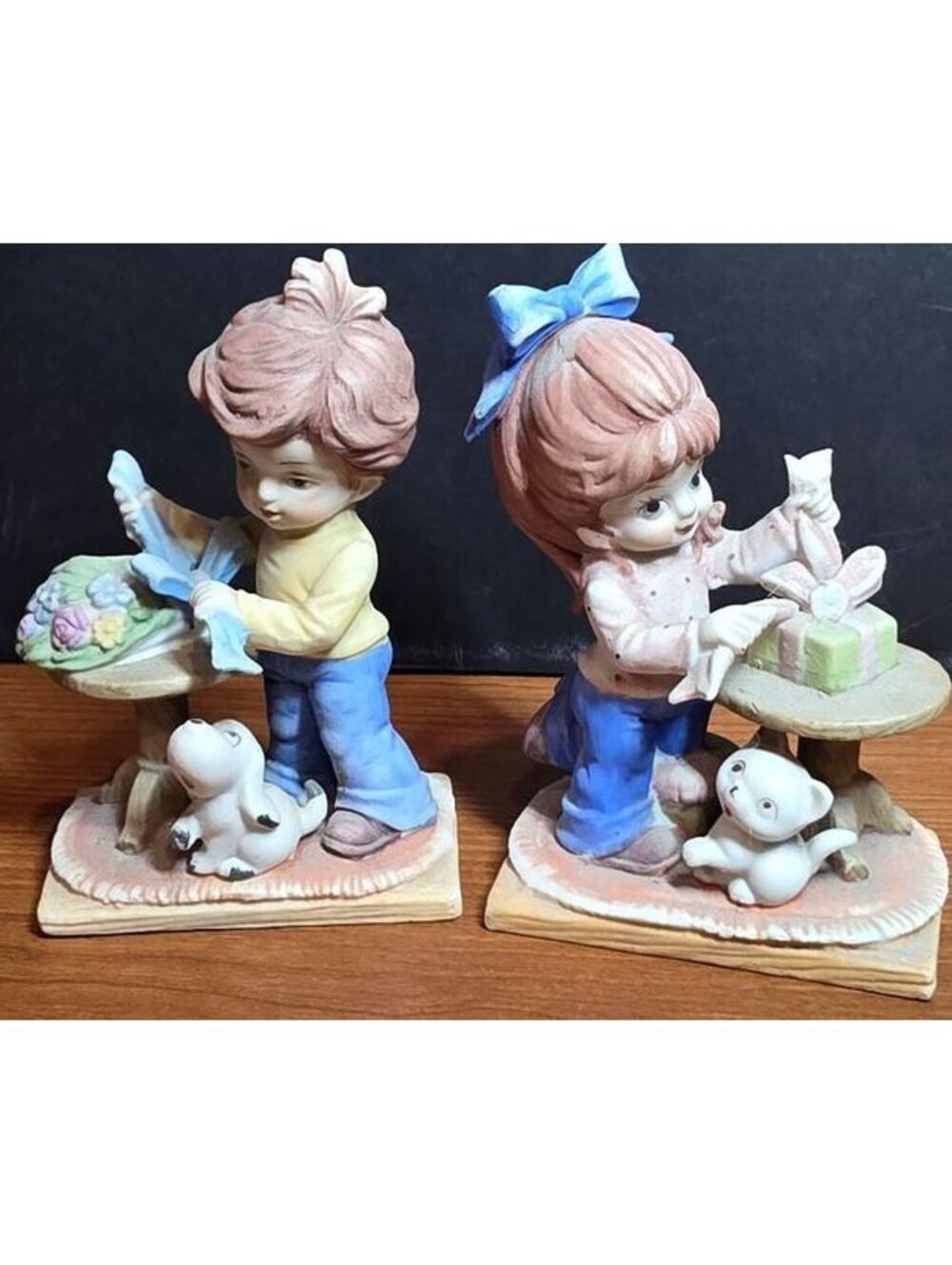 Vintage 1970s Bisque Porcelain Figurines – Boy & Girl Wrapping Gifts